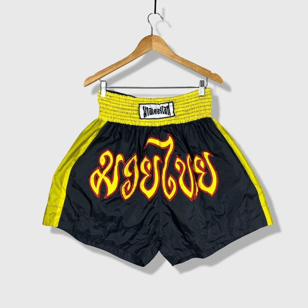 Unbranded Muay Thai Shorts Mens L Black Yellow Thai Boxing Trunks Athleisure